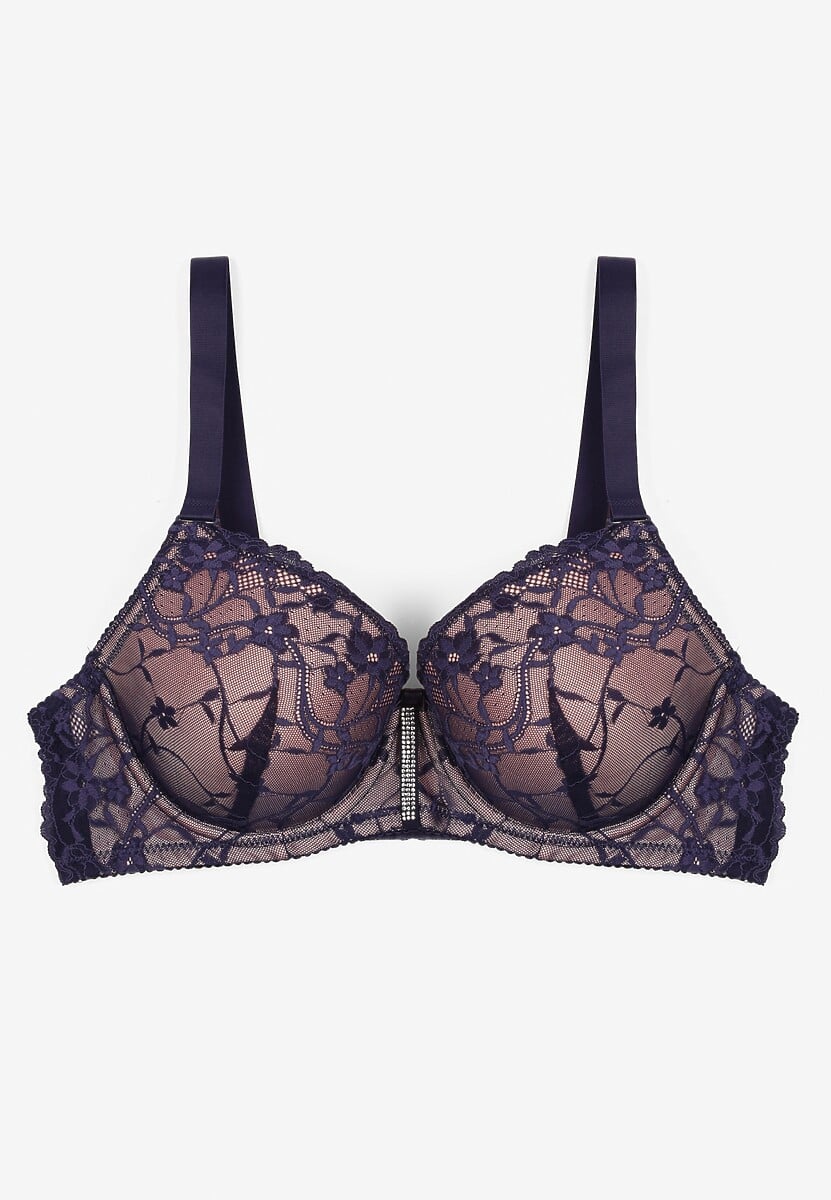 Granatowo-Różowy Biustonosz z Koronką i Paskiem z Cyrkonii Katielle