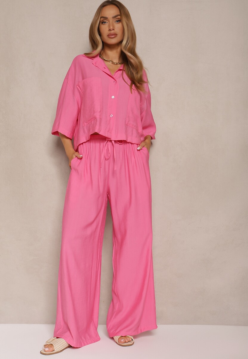 Ciemnoróżowy Komplet z Wiskozy o Kroju Oversize Koszula i Spodnie Dovaraella