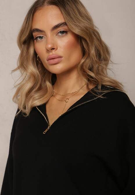 Czarny Golf w Stylu Sweterkowym z Zamkiem na Dekolcie Davinde