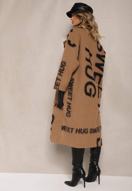 Ciemnobeżowy Luźny Płaszcz Wełniany w Ozdobny Nadruk Misganna
