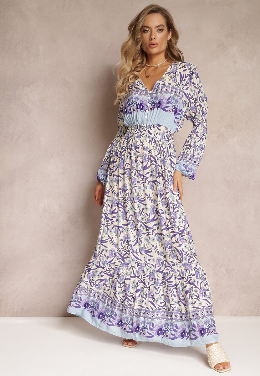 Fioletowo-Beżowa Sukienka Maxi w Kwiaty z Wiskozy Vellu