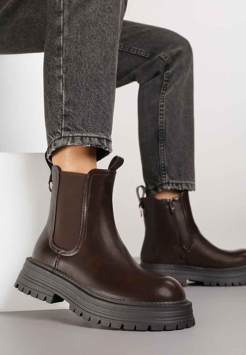 Brązowe Botki Sztyblety na Platformie z Tłoczeniem Zarillea