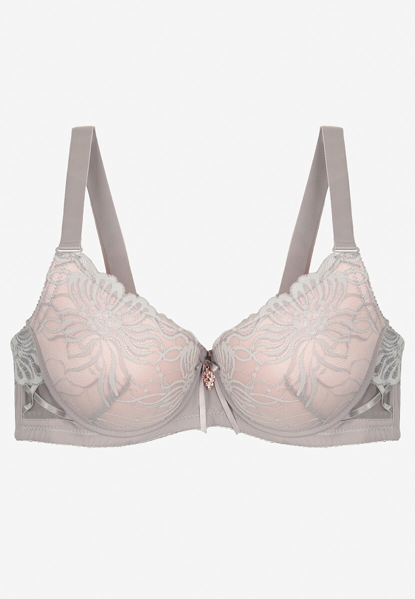 Szary Koronkowy Biustonosz o Kroju Full Cup z Ozdobną Kokardką Doriri