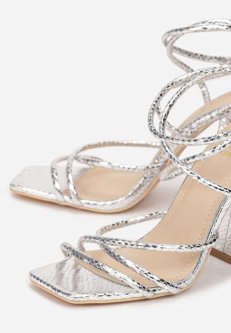 Srebrne Metaliczne Sandały na Stożkowym Obcasie Rimallis
