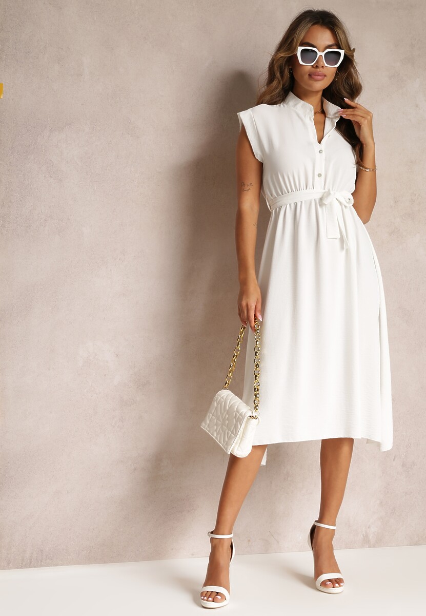 Biała Sukienka Midi z Guzikami i Materiałowym Paskiem Nylalik
