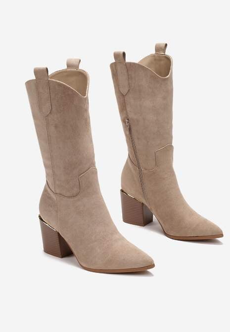 Ciemnobeżowe Botki w Stylu Kowbojek na Obcasie z Długą Cholewką Mabilla
