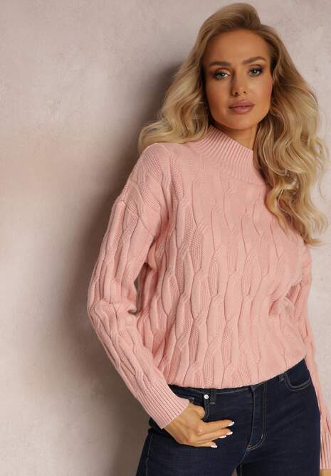 Różowy Golf o Klasycznym Fasonie z Modnym Splotem i Ściągaczami Franka