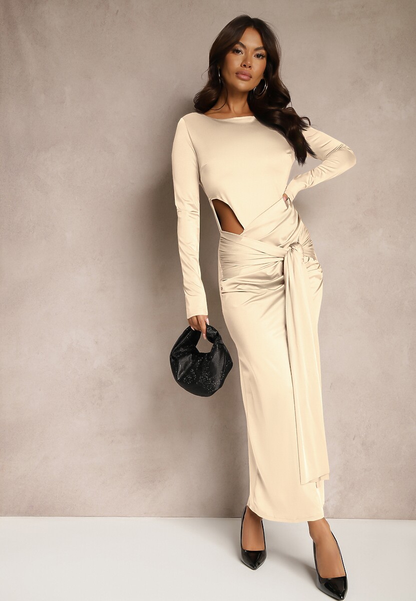 Zielona Koktajlowa Sukienka z Ozdobnym Wycięciem i Wiązaniem Vamicea