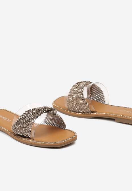 Złote Klapki z Otwartym Noskiem Ozdobione Cyrkoniami Ramilde