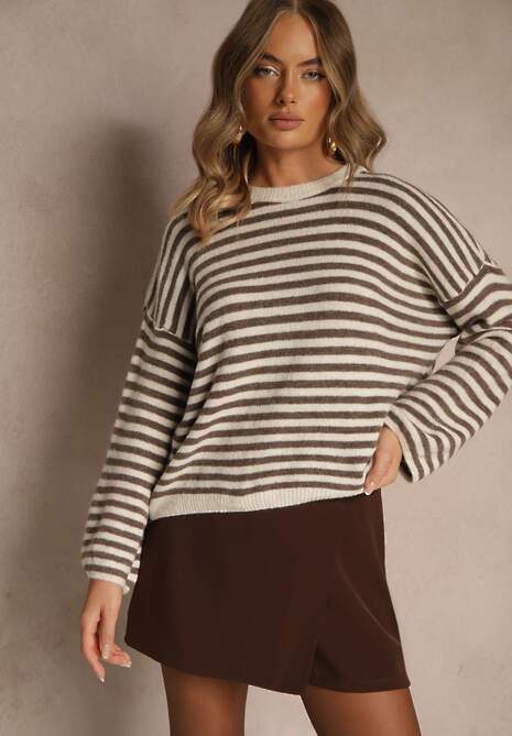 Jasnobeżowy Oversizowy Sweter w Paski z Domieszką Wełny i Wiskozy Tidania