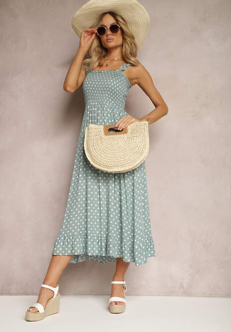 Zielona Rozkloszowana Sukienka z Wiskozy z Gumką w Pasie i Falbanką Zanneli