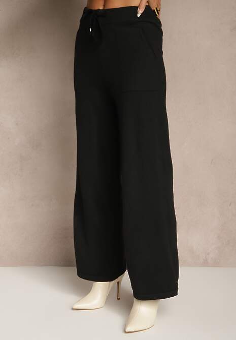 Czarny Komplet z Dzianiny Spodnie Wide Leg i Retro Kardigan Giosila