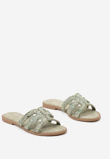 Zielone Klapki z Wycięciami na Pasku Ozdobione Kamyczkami i Cyrkoniami Sernia