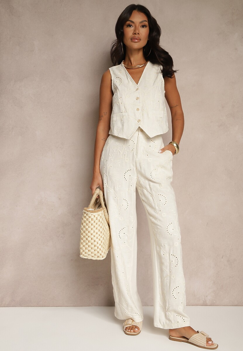 Jasnobeżowy Ażurowy Komplet z Lnem i Wiskozą Kamizelka i Spodnie Devita