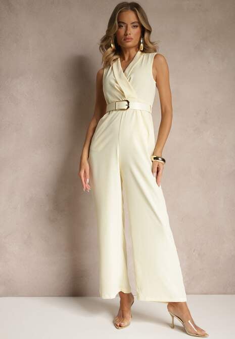 Żółty Elegancki Kombinezon z Paskiem i Ozdobną Klamrą Tilominea