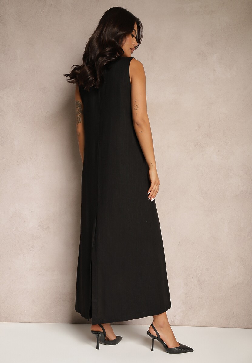 Czarna Sukienka z Wiskozą i Lnem o Pudełkowym Kroju z Rozcięciem z Tyłu Elvivis