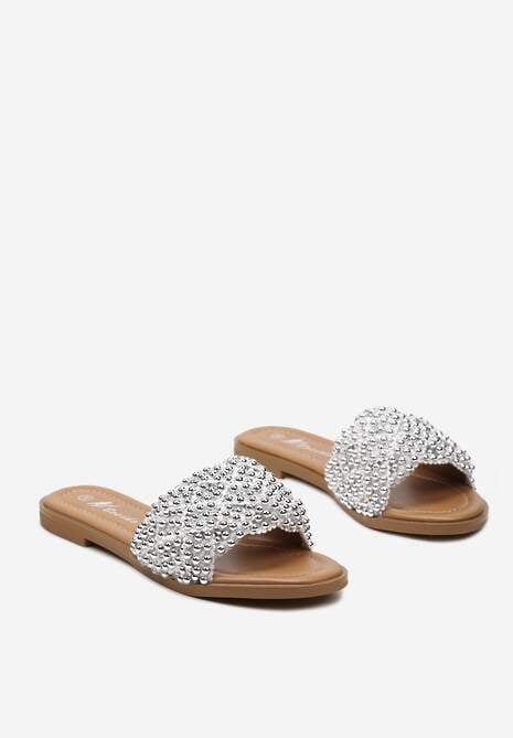 Białe Płaskie Klapki z Elegancką Plecionką z Koralików Waldase