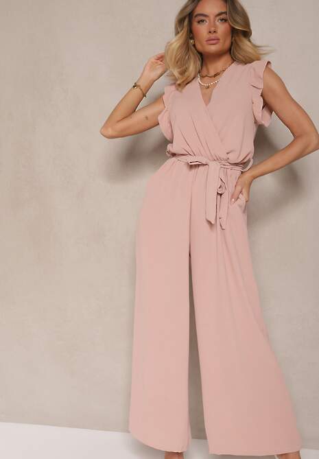 Jasnoróżowy Koktajlowy Kombinezon Wiązany Paskiem Wykończony Falbankami przy Ramionach Vimaseni