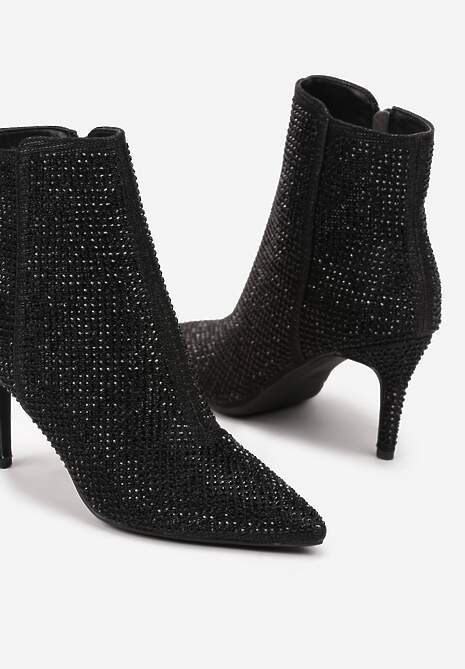 Czarne Botki na Obcasie z Błyszczącymi Cyrkoniami Irialora