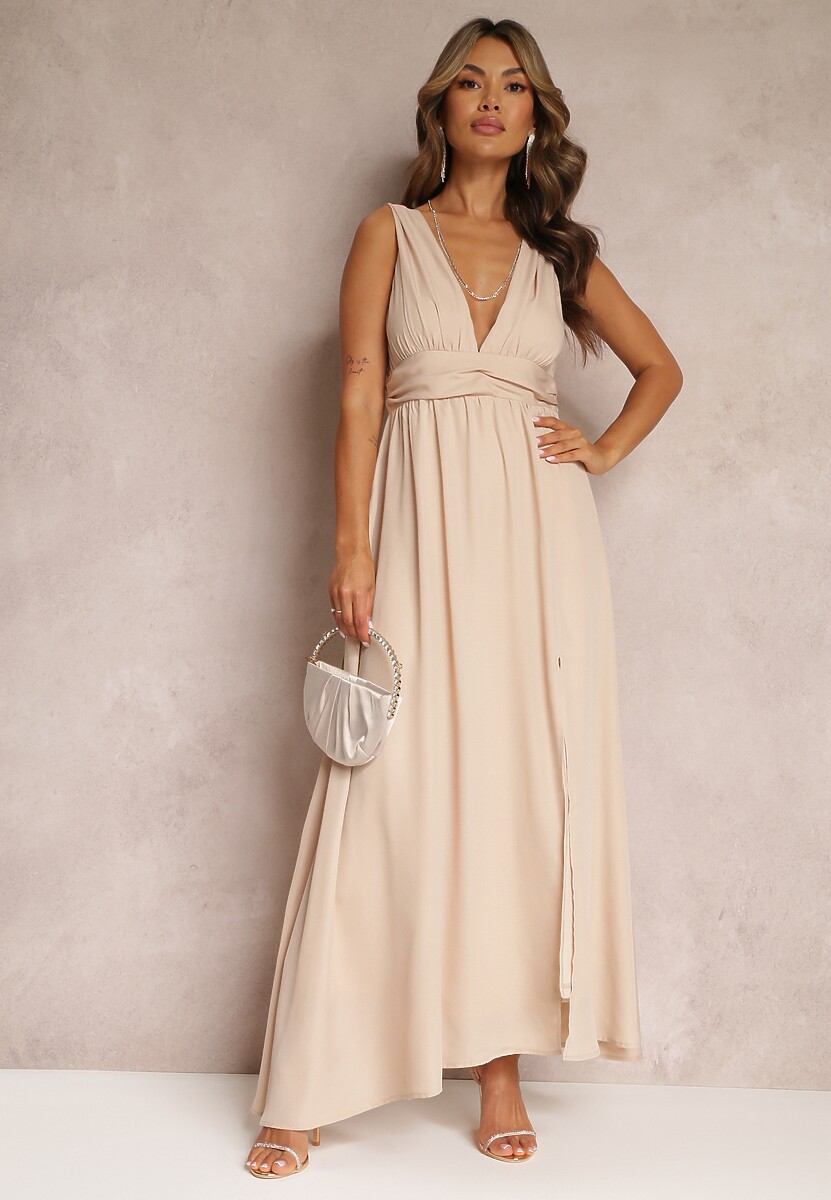 Beżowa Rozkloszowana Sukienka Maxi na Ramiączkach z Rozcięciem Ernames