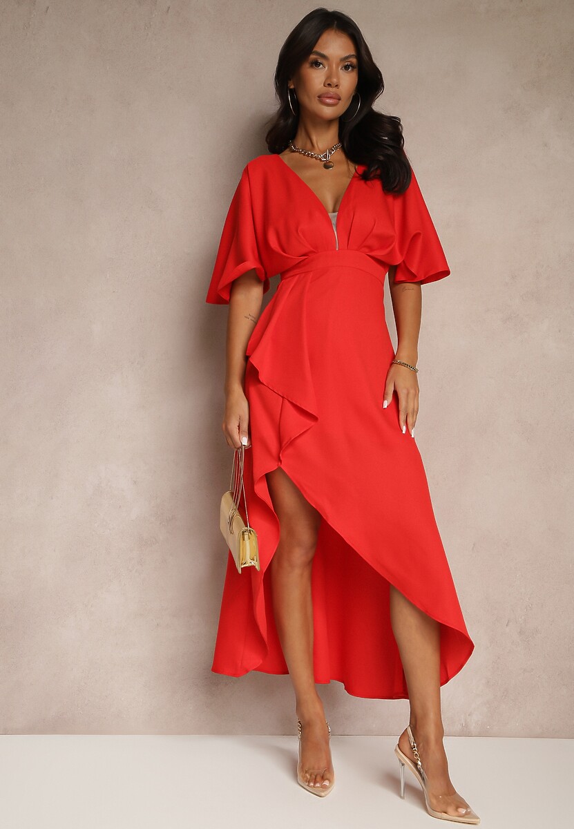 Granatowa Asymetryczna Sukienka Koktajlowa Vices Ozdobiona Falbanką Nelioraia