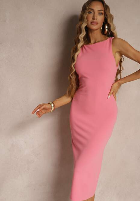 Różowa Ołówkowa Sukienka Bez Rękawów z Wiskozą Zdobiona Rozcięciem z Tyłu Fonama
