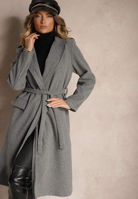 Ciemnoszary Taliowany Płaszcz z Wiązanym Paskiem Seraphique