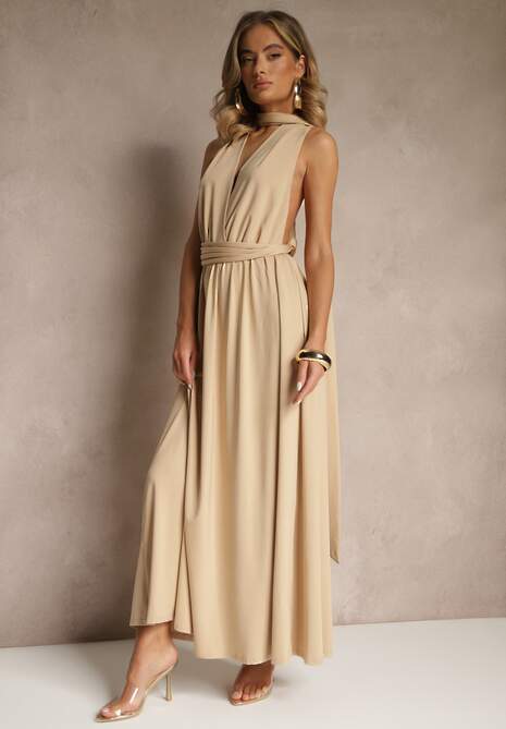 Beżowa Sukienka Koktajlowa Multiway z Wiskozą Wiązana na Szyi Lilovea