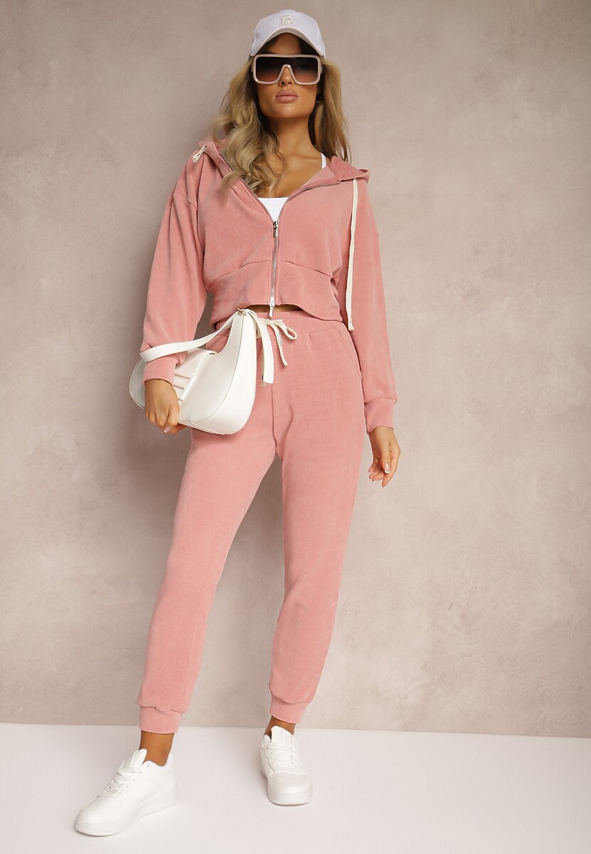 Różowe Dresowe Spodnie z Dodatkiem Bawełny High Waist z Gumką w Pasie Pesaria