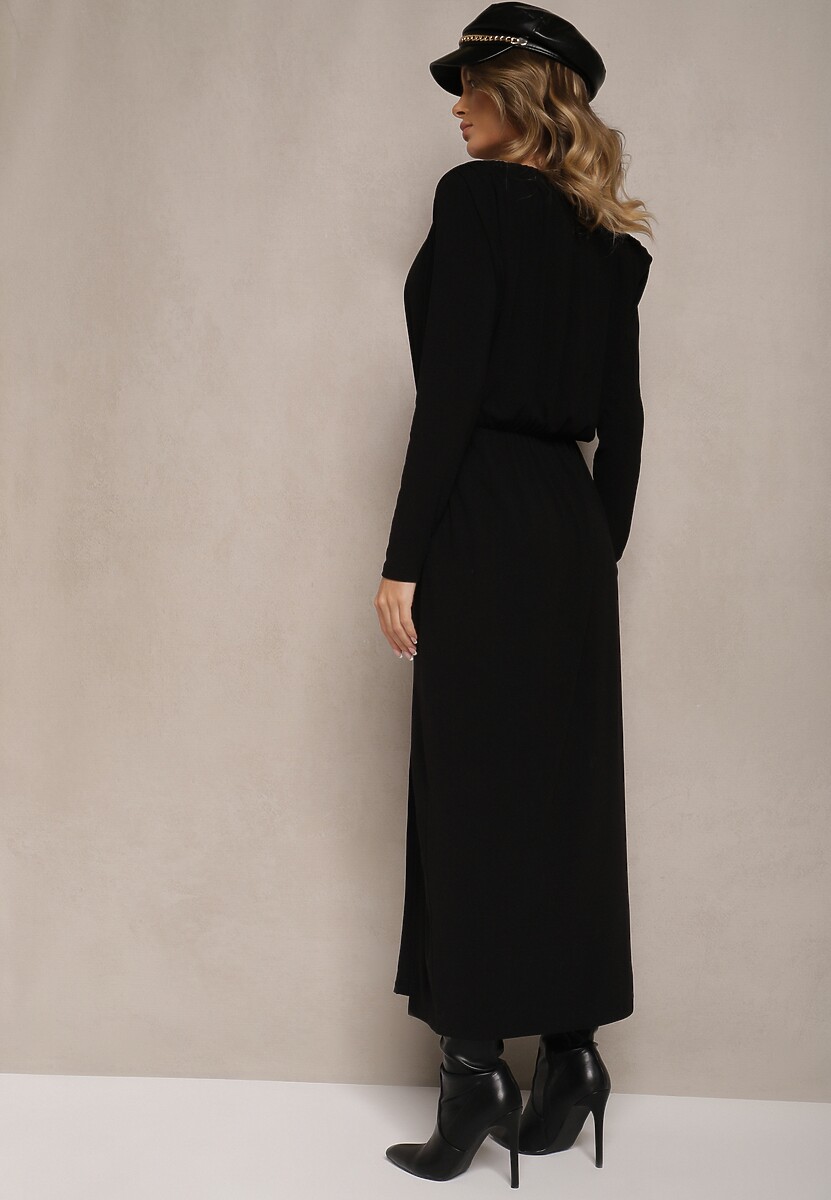 Czarna Elegancka Sukienka z Wiskozy z Gumką w Talii Zdobiona Eleganckim Rozcięciem Kistaria