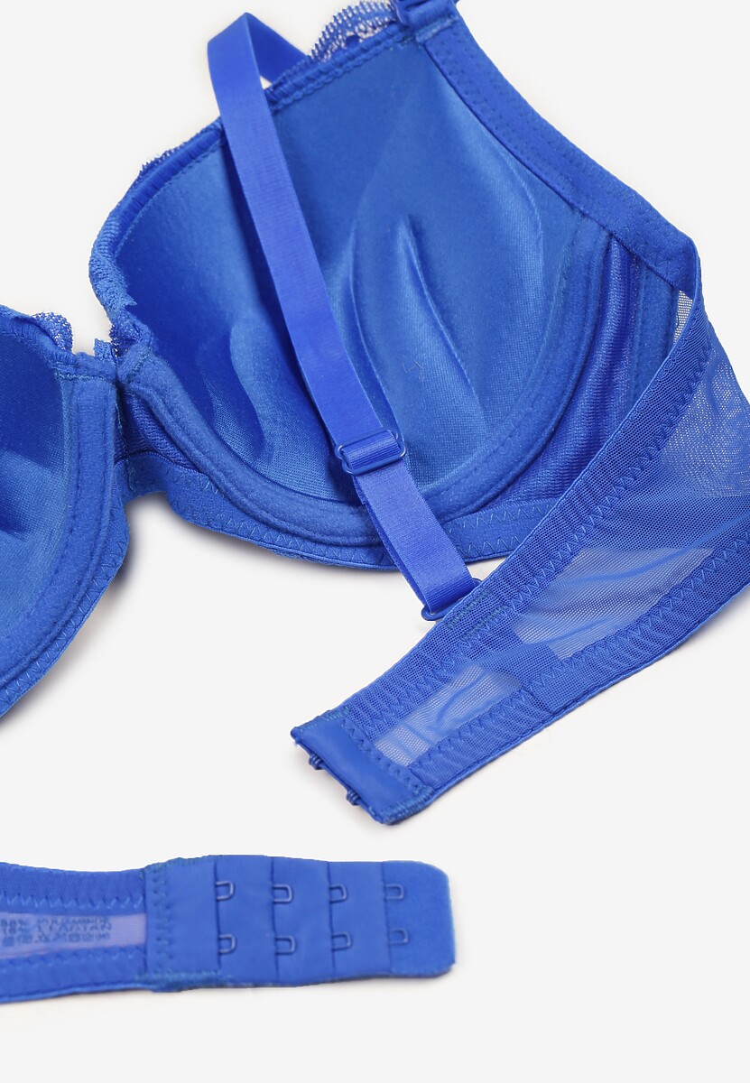 Niebieski Biustonosz Push Up z Koronką i Metaliczną Ozdobą Norirae