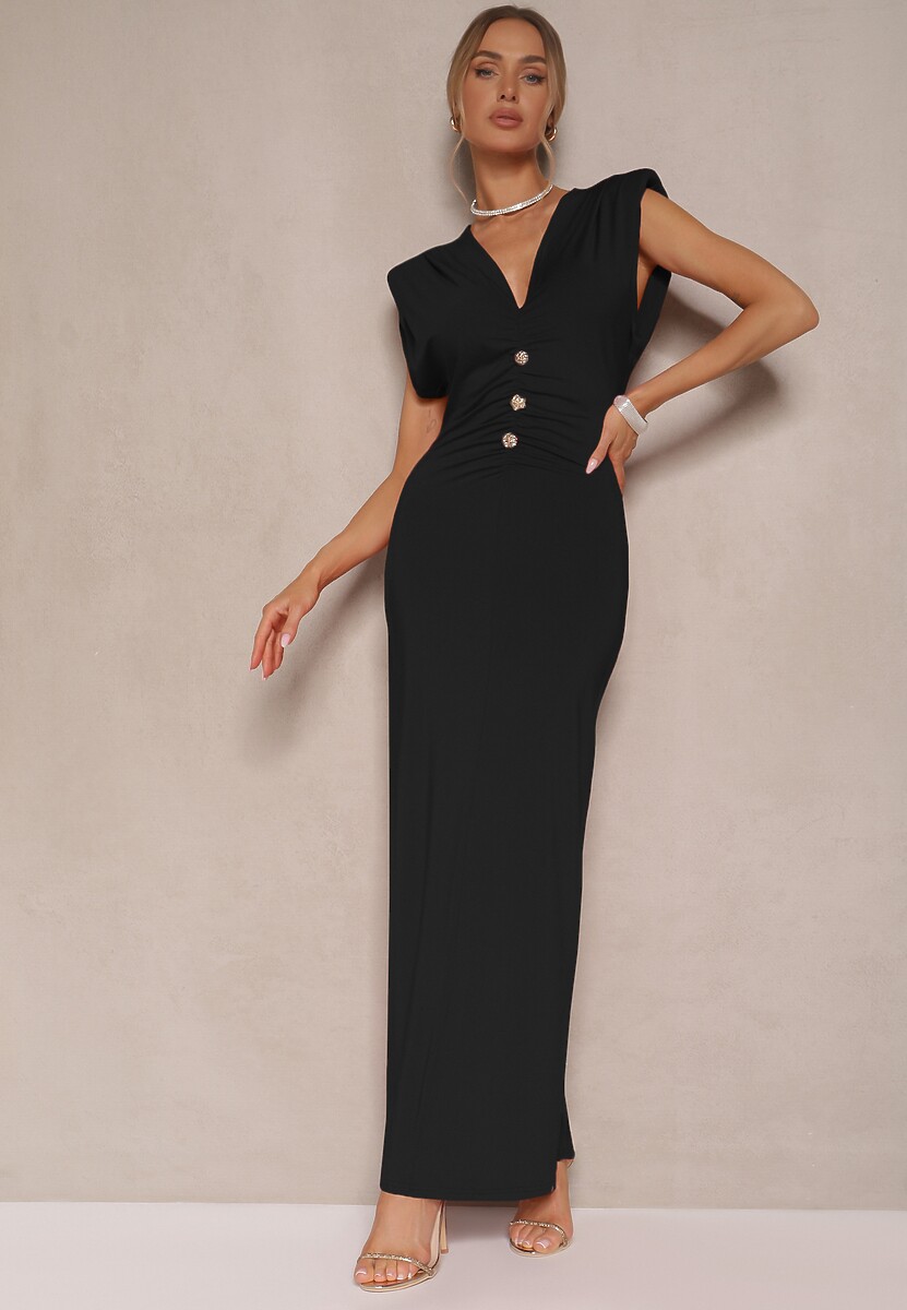 Czarna Sukienka Koktajlowa z Wiskozą Usztywnianymi Ramionami i Guzikami Melritia