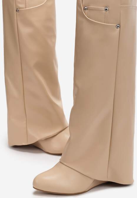 Beżowe Kozaki z Wywiniętą Cholewką na Koturnie Maranele