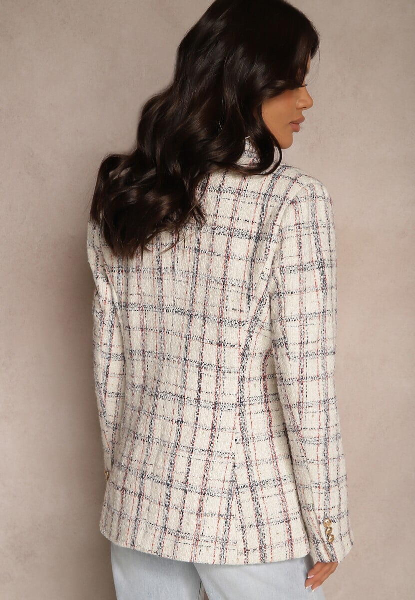 Biała Dwurzędowa Marynarka z Błyszczącą Nicią i Poduszkami na Ramionach Elilona