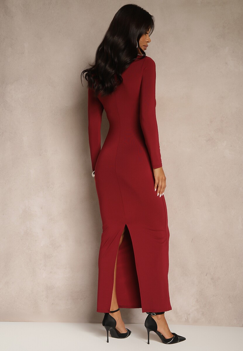 Bordowa Dopasowana Sukienka Maxi z Kwadratowym Dekoltem Fioral