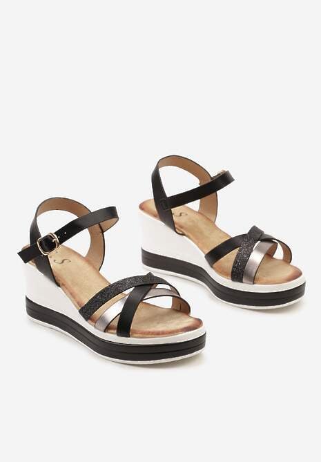 Czarne Casualowe Sandały na Ozdobnym Koturnie z Brokatem Effiola