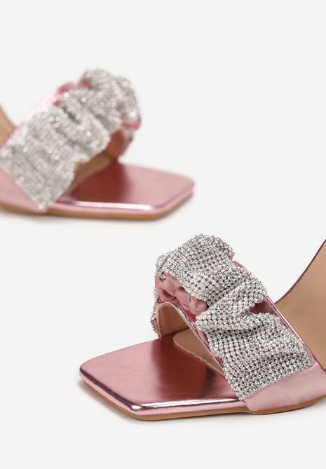 Różowe Sandały na Wysokiej Szpilce z Kwadratowym Noskiem i Cyrkoniami Veisra