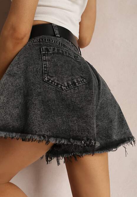 Czarne Szorty Jeansowe o Luźnym Kroju z Paskiem z Klamrą Eleda