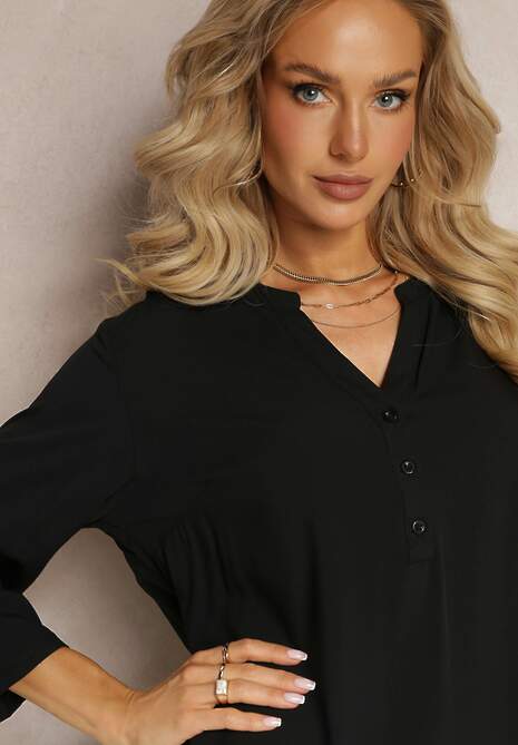 Czarna Bluzka z Wiskozy z Dekoltem Zapinanym na Guziki Sarika