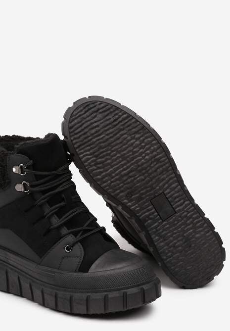 Czarne Botki na Grubej Podeszwie z Futerkiem Nemda