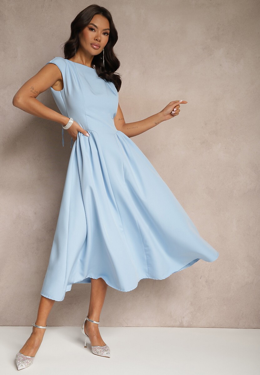 Niebieska Rozkloszowana Sukienka z Wiązaniem i Dekoltem w Kształcie Łódki Alanira