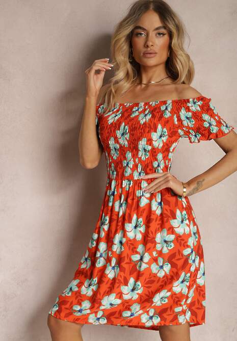Pomarańczowa Rozkloszowana Sukienka Hiszpanka z Gumką w Talii w Kwiaty Nametris