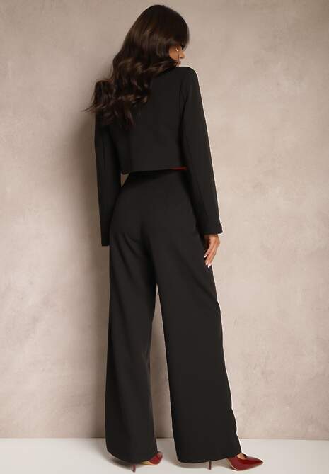 Czarny Garniturowy Komplet Marynarka Cropped i Szerokie Spodnie Mairilee