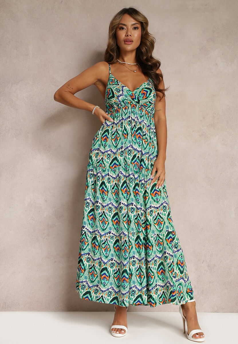 Zielona Wiskozowa Sukienka na Ramiączkach z Gumką w Pasie i Głębokim Dekoltem Konille