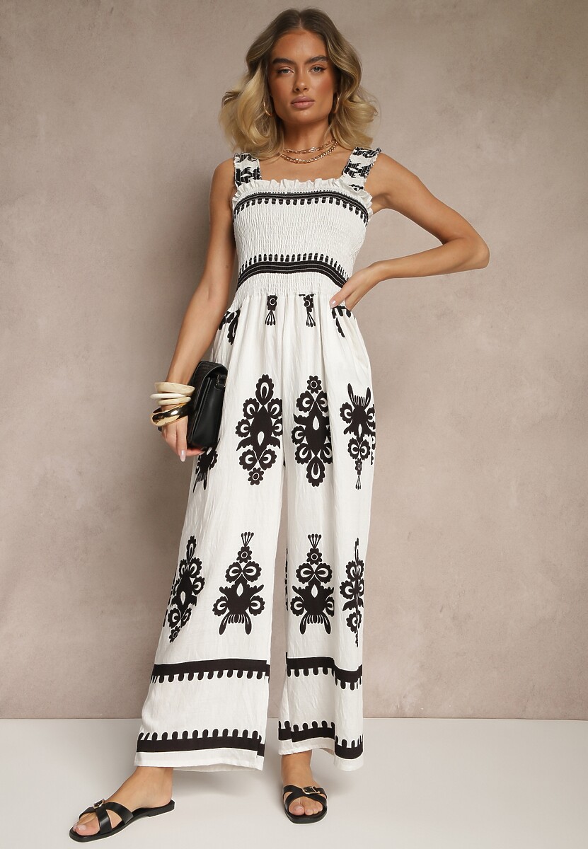 Biały Kombinezon Wide Leg z Wiskozy na Ramiączkach Zdobiony Etnicznym Wzorem Melriti
