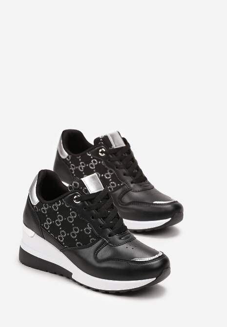 Czarne Sneakersy na Koturnie z Metaliczną Wstawką Derine