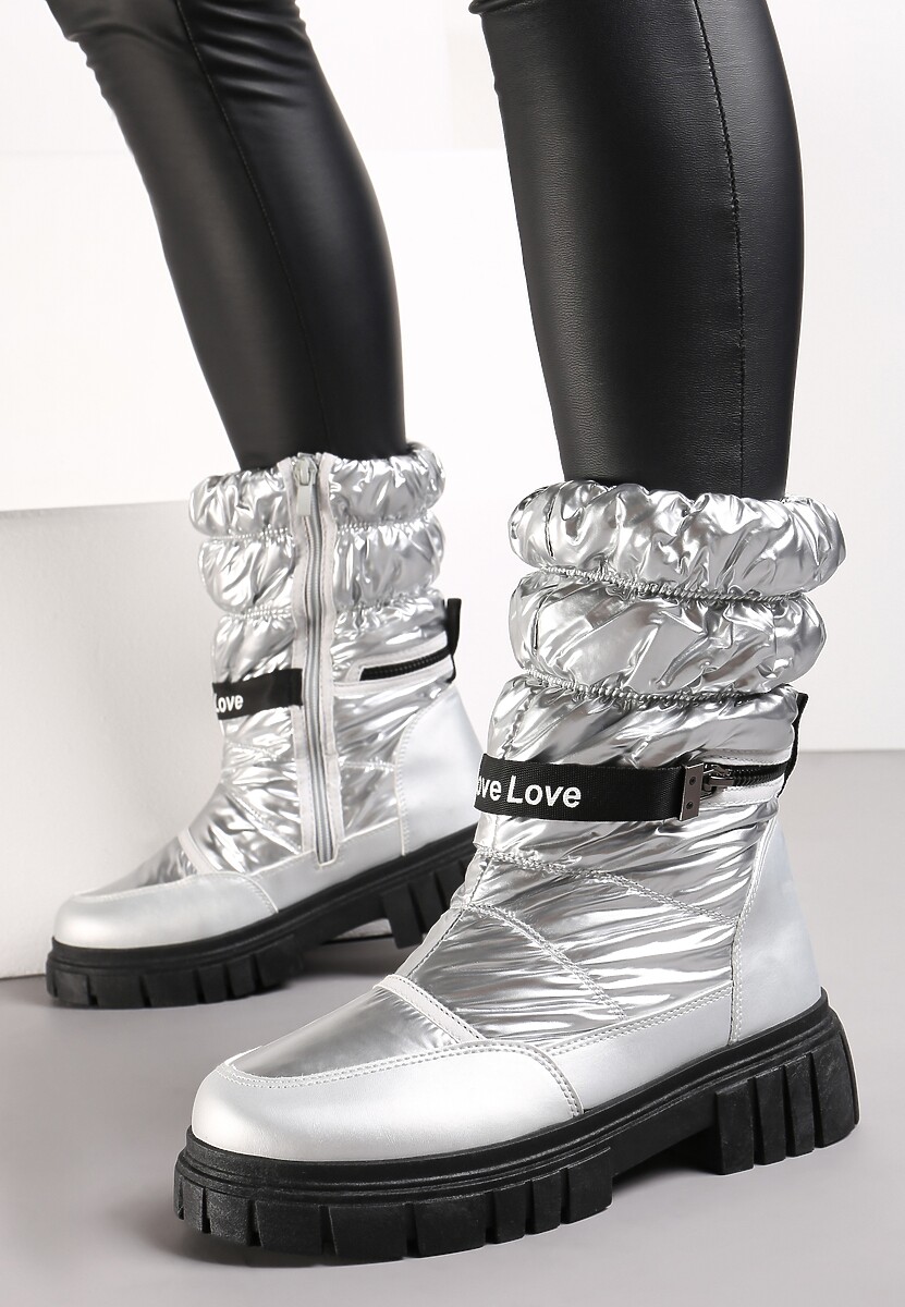 Srebrne Śniegowce Pikowane z Dekoracyjnym Suwakiem Manya