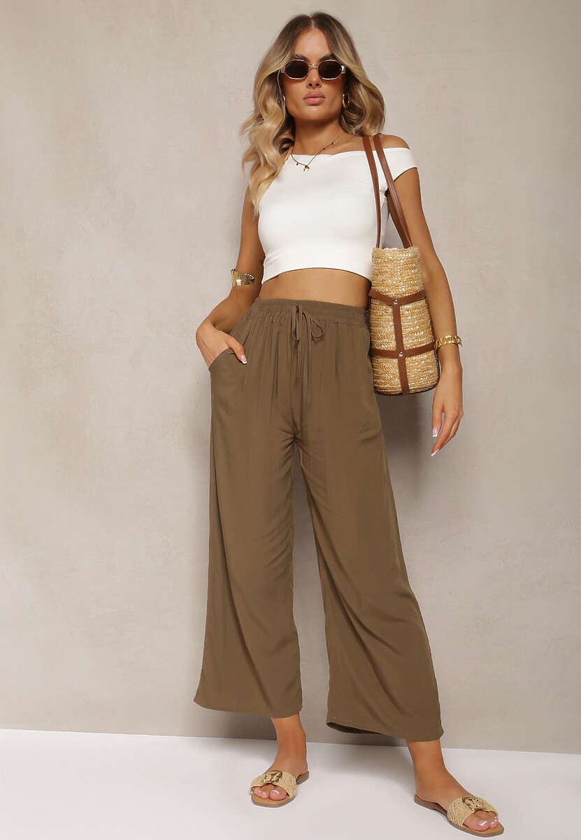 Brązowe  Spodnie z Bawełny Typu Palazzo z Gumką w Talii Fieana