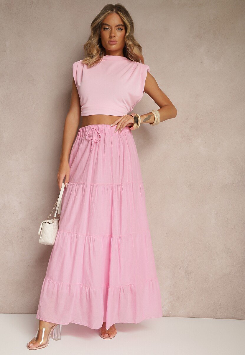 Różowa Rozkloszowana Spódnica z Bawełny z Wiązaniem i Gumką w Talii Miloreina