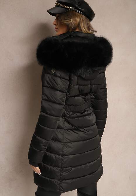 Czarna Kurtka z Odpinanym Futerkiem Taliowana o Długim Fasonie Delavira